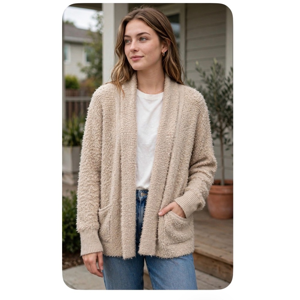 Chloe + Jasmine Oatmeal Beige Popcorn Knit Open Front Cardigan Sweater Large NWT
